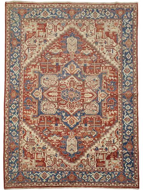 Hand-Knotted Masterpiece Heriz Serapi Red and Blue Rug 9x12