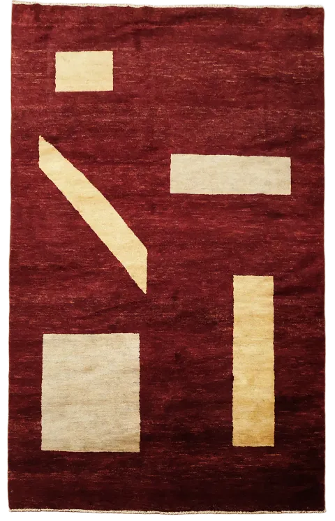 Modern geometric rug with bold burgundy and beige abstract forms 6'x8'