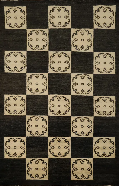 Modern black and Cream floral checkered rug for living rooms 6x8