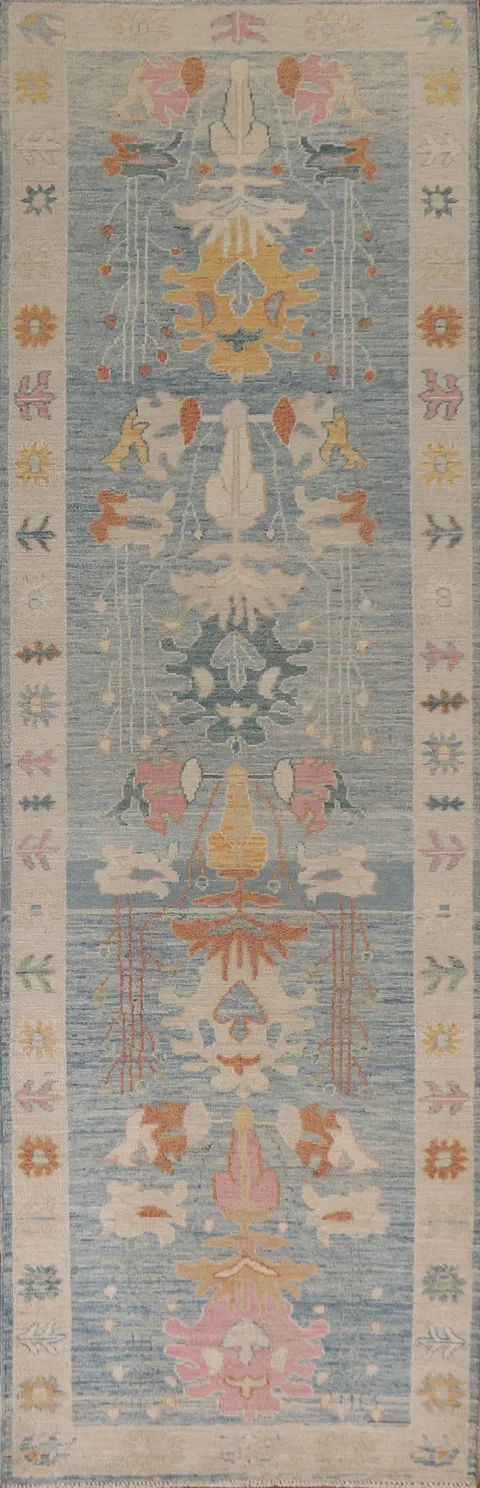 Blue Oushak Vegetable Dye Runner Rug 3x12