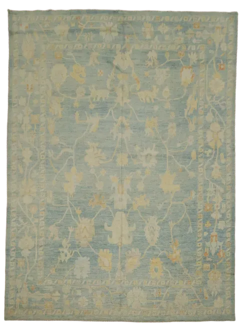 Timeless Floral Motif Oushak Turkish Rug in Soft Blue and Cream Tones 9x12