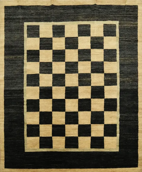 Artisan Crafted Black and Beige Rug with Chessboard Pattern 7'x8'