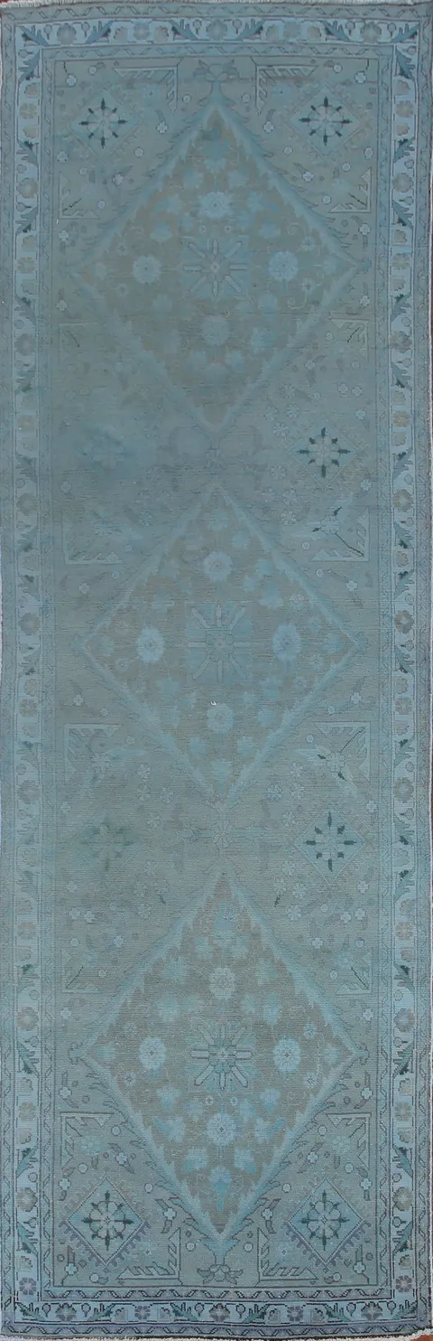 Over-Dyed Blue Tabriz Persian Runner Rug 3x11