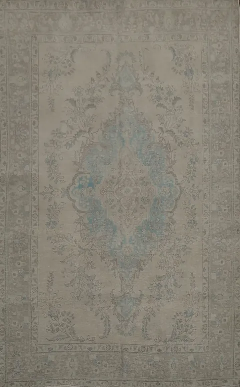 Elegant Beige and Blue Vintage-Style Floral Medallion Persian Rug 6x9