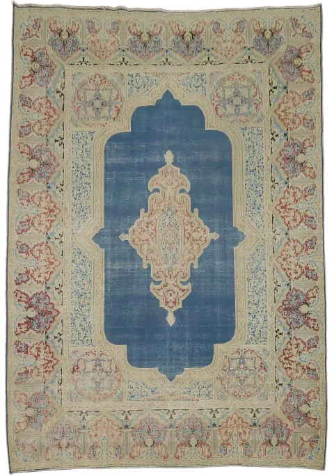 Vintage Geometric Blue Distressed Kerman Persian Wool Area Rug 9x12