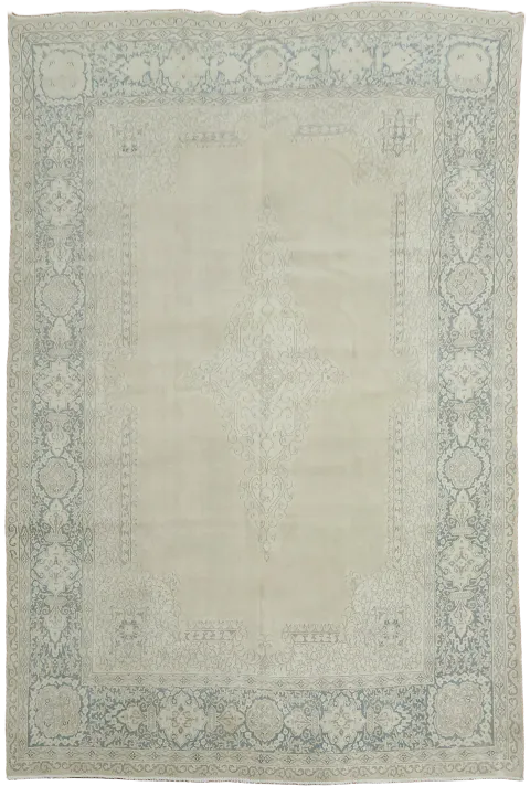Vintage Neutral Beige and Blue Distressed Kerman Persian Rug 12' 6'' x 8' 5''