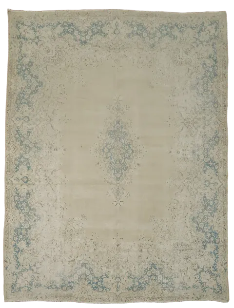 Timeless Neutral Rug with Detailed Blue Ornamental Patterns 10x13