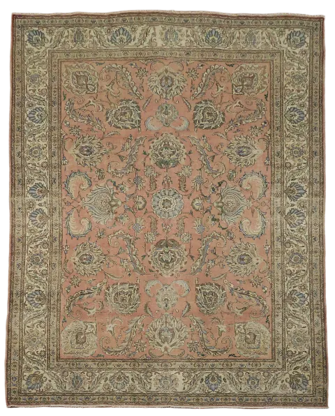 All-Over Floral Coral Pink Vintage Tabriz Persian Area Rug 10x13