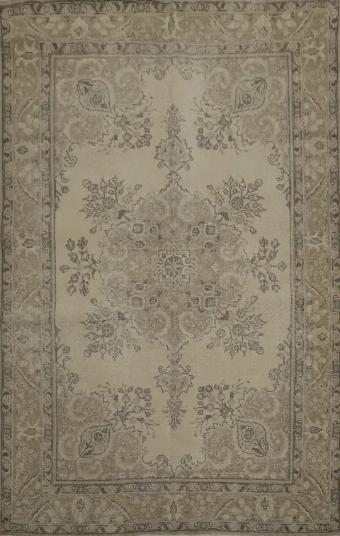 Vintage Distressed Persian Rug with Intricate Floral Motifs and Neutral Tones 6x9