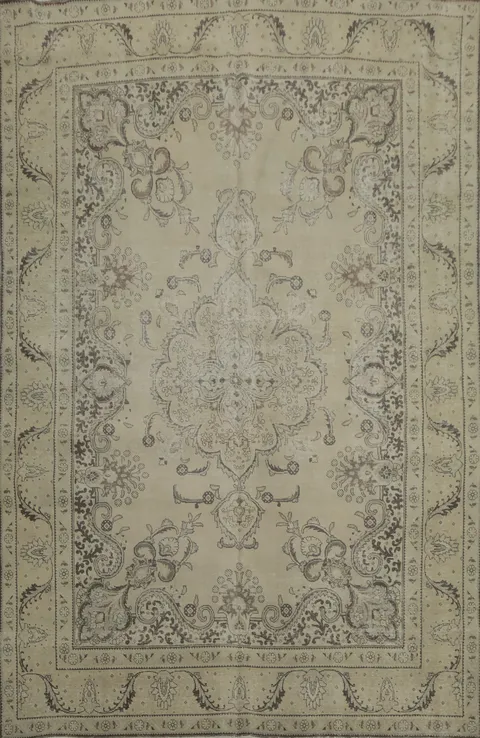 Muted Distressed Beige Brown Tabriz Persian Rug 9x13
