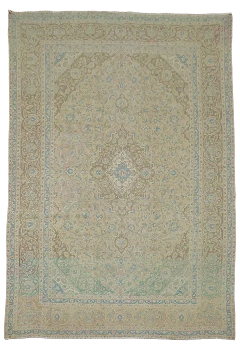 Muted Distressed Vintage Kashan Persian Wool Area Rug 9x13