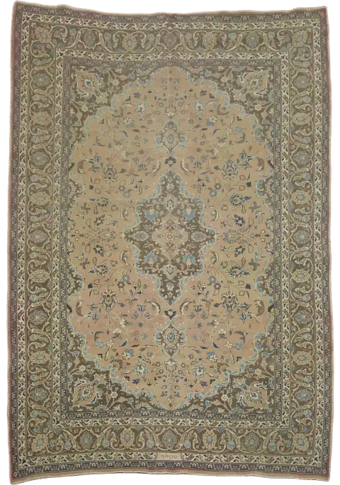 Vintage Hand-Knotted Muted Coral Peach Mashad Persian Rug 7x9