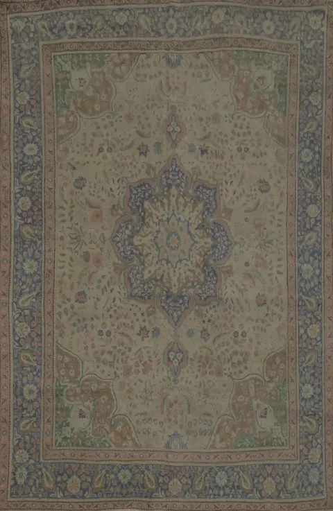 Exquisite Beige and Blue Medallion Pattern Distressed Persian Area Rug 10x13