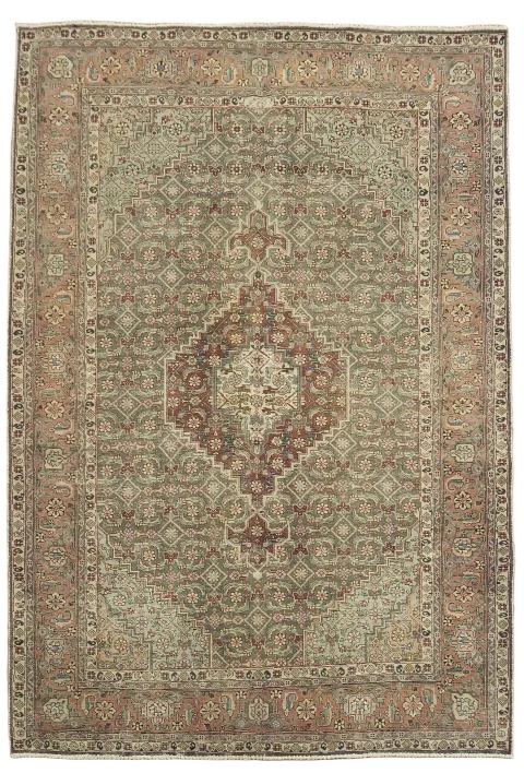 Traditional Geometric Distressed Tabriz Persian Green Rug 7'x10'