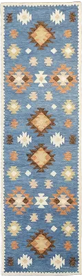 Vibrant Southwestern Blue Rug with Geometric Patterns 3x10 ft