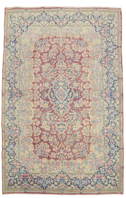 Traditional Floral Dark Pink and Blue Kerman Vintage Persian Rug 7x11 ft