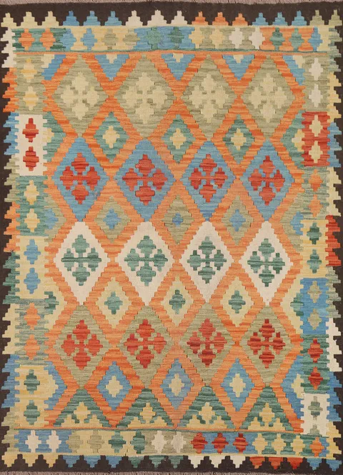 Colorful Kilim Reversible Wool Area Rug 5x6
