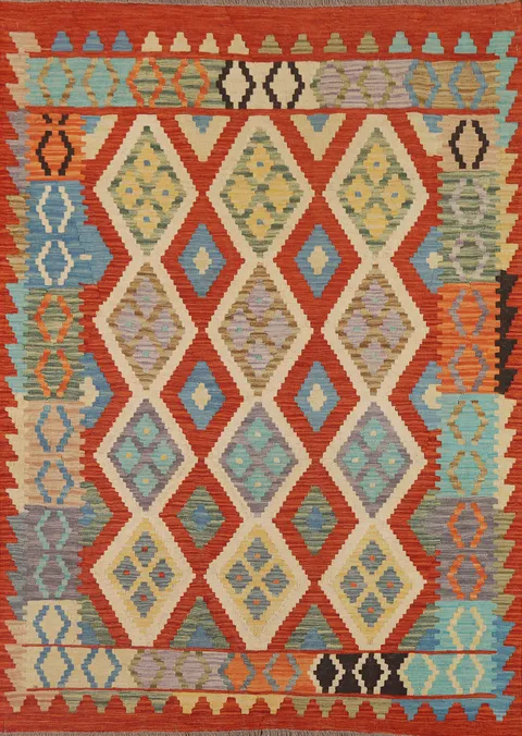 Geometric Kilim Reversible Wool Area Rug 5x6