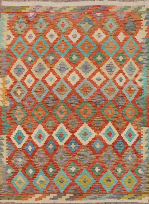 Geometric Kilim Reversible Wool Area Rug 5x6