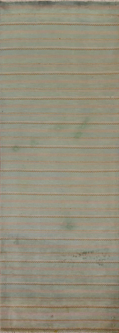 Striped Gabbeh Kashkoli Green Runner Rug 3x9