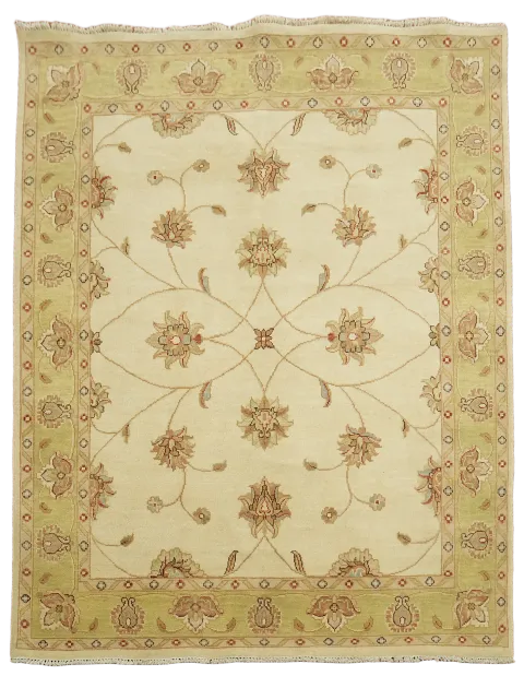 Luxurious Beige and Sage Floral Patterned Peshawar Wool Rug 5x6 ft
