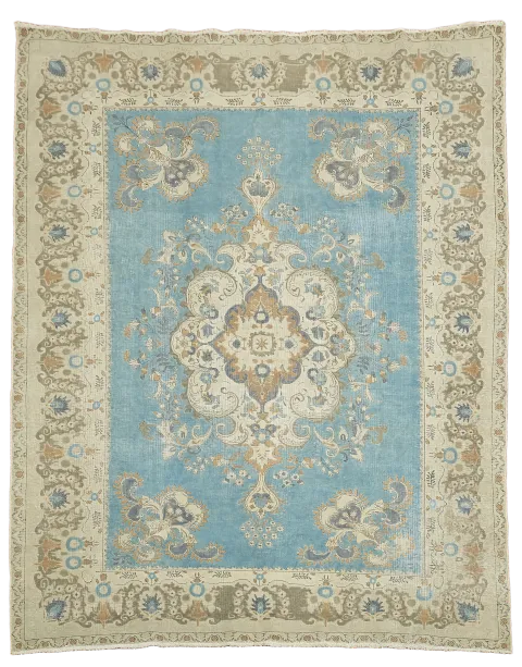 Traditional Distressed Blue and Beige Tabriz Persian Large Rug 10x12