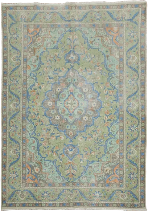 Vintage Distressed Pale Green Tabriz Persian Area Rug 7'x9'