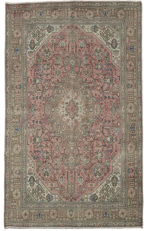 Vintage Pink Geometric Tabriz Persian Area Rug 6x9
