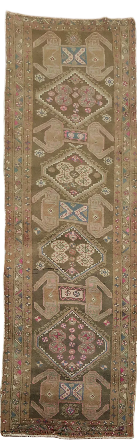 Brown Wool Ardebil Persian Runner Rug 4x12