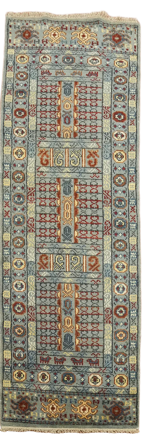 Elegant Blue and Red Rug with Intricate Traditional Patterns 3x8 ft