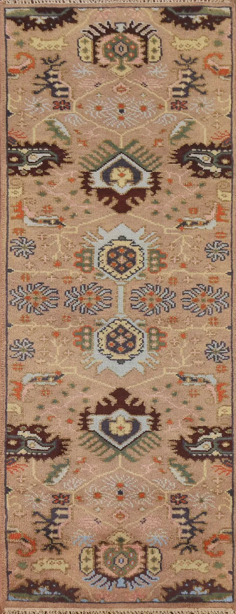 Neutral Beige Runner Rug with Intricate Southwestern Motifs 2x8
