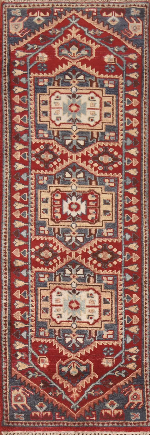 Red Wool Heriz Serapi Indian Runner Rug 3x8