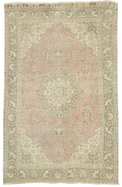 Distressed Tabriz Persian Rug in Soft Beige and Subtle Pink Tones 7x10 ft