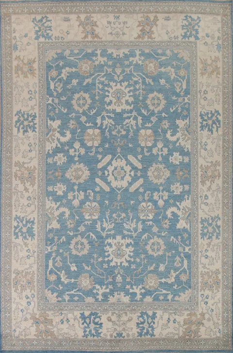 Vegetable Dye Oushak Blue Floral Area Rug 9x12