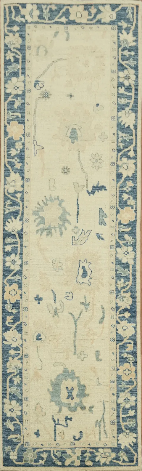 Vintage-Inspired Oushak Turkish Runner Rug in Soft Cream and Vivid Blue Hues 3x11
