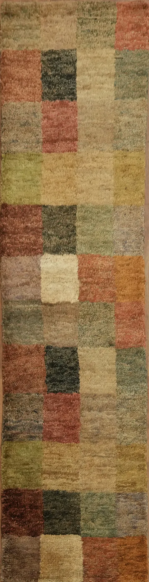 Rustic Elegance: Long Multi-Toned Rug with Earthy Squares 3x10