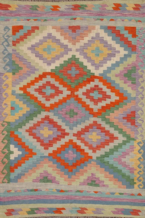 Geometric Kilim Reversible Wool Area Rug 5x7