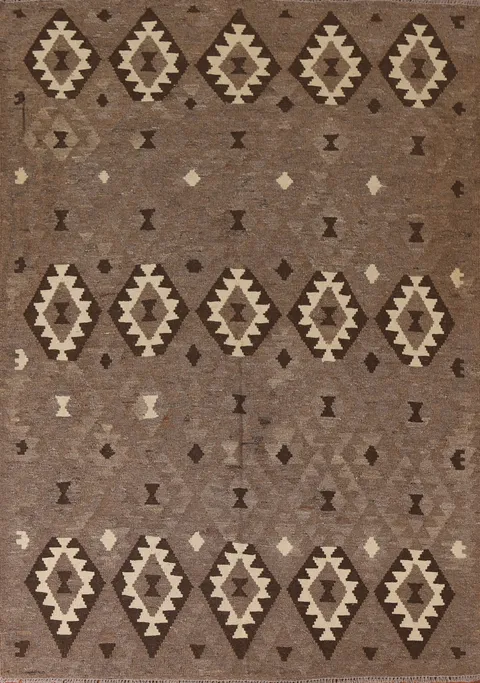 Geometric Brown Kilim Wool Area Rug 5x7