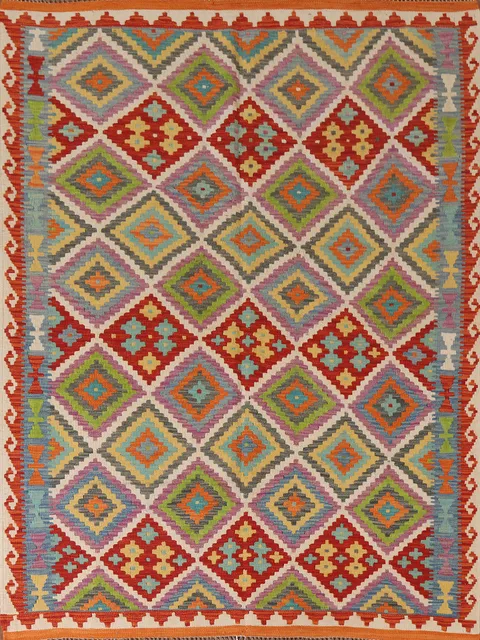 Geometric Kilim Reversible Wool Area Rug 5x7