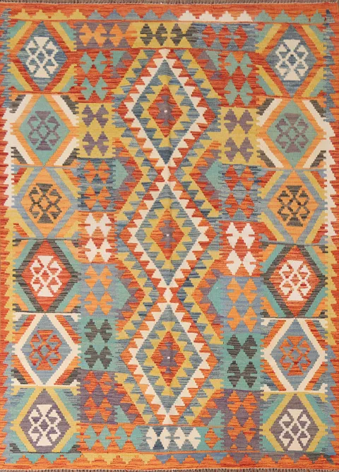 Geometric Kilim Reversible Wool Area Rug 5x7