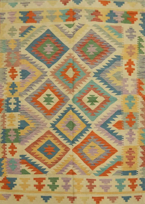 Handwoven Multicolor Rug with Bold Diamond Motifs - Artisan Made 5x7