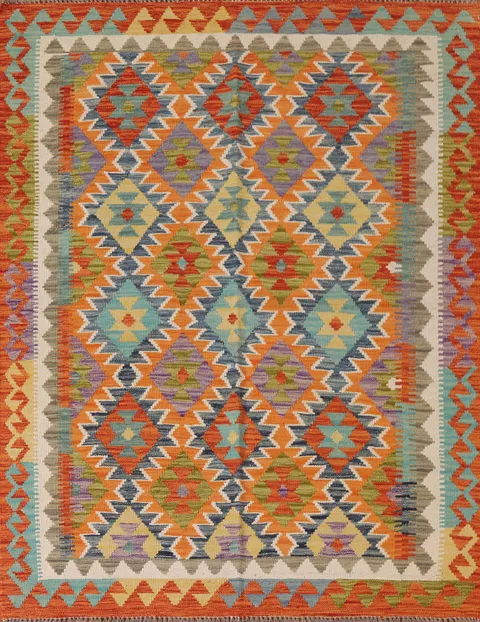 Colorful Kilim Reversible Wool Area Rug 5x6
