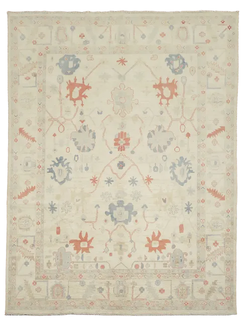 Soft Ivory and Blue Oushak Turkish Floral Rug 9'x12'