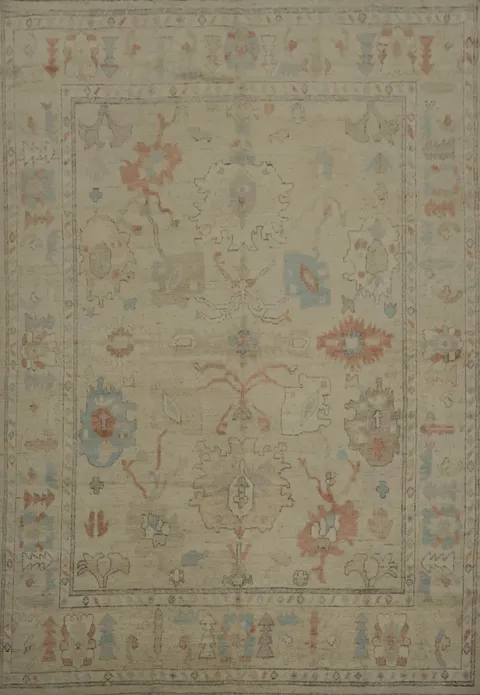 Oushak Vegetable Dye Area Rug 8x10 Featuring Delicate Botanical Motifs