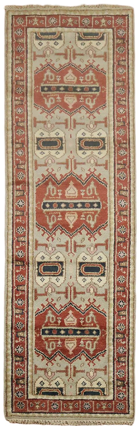 Vintage Red and Cream Runner Rug with Geometric Patterns 3x8