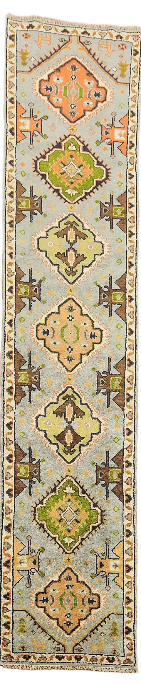 Geometric Tribal Hand-made Light Blue Kazak Long Runner for Hallways 3x12 ft