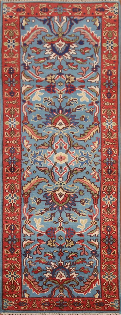 Blue Floral Heriz Serapi Runner Rug 3x8