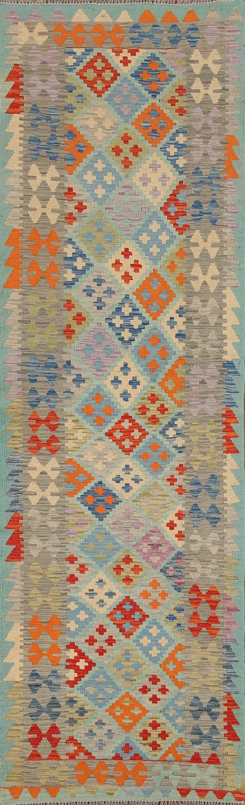 Geometric Kilim Wool Runner Rug 3x10