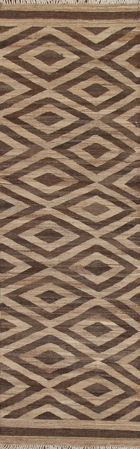 Reversible Wool Kilim Brown Runner Rug 3x10