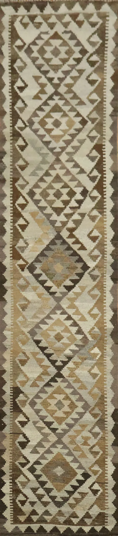 Boho Natural Color Kilim Runner with Zigzag Borders 2'x10'